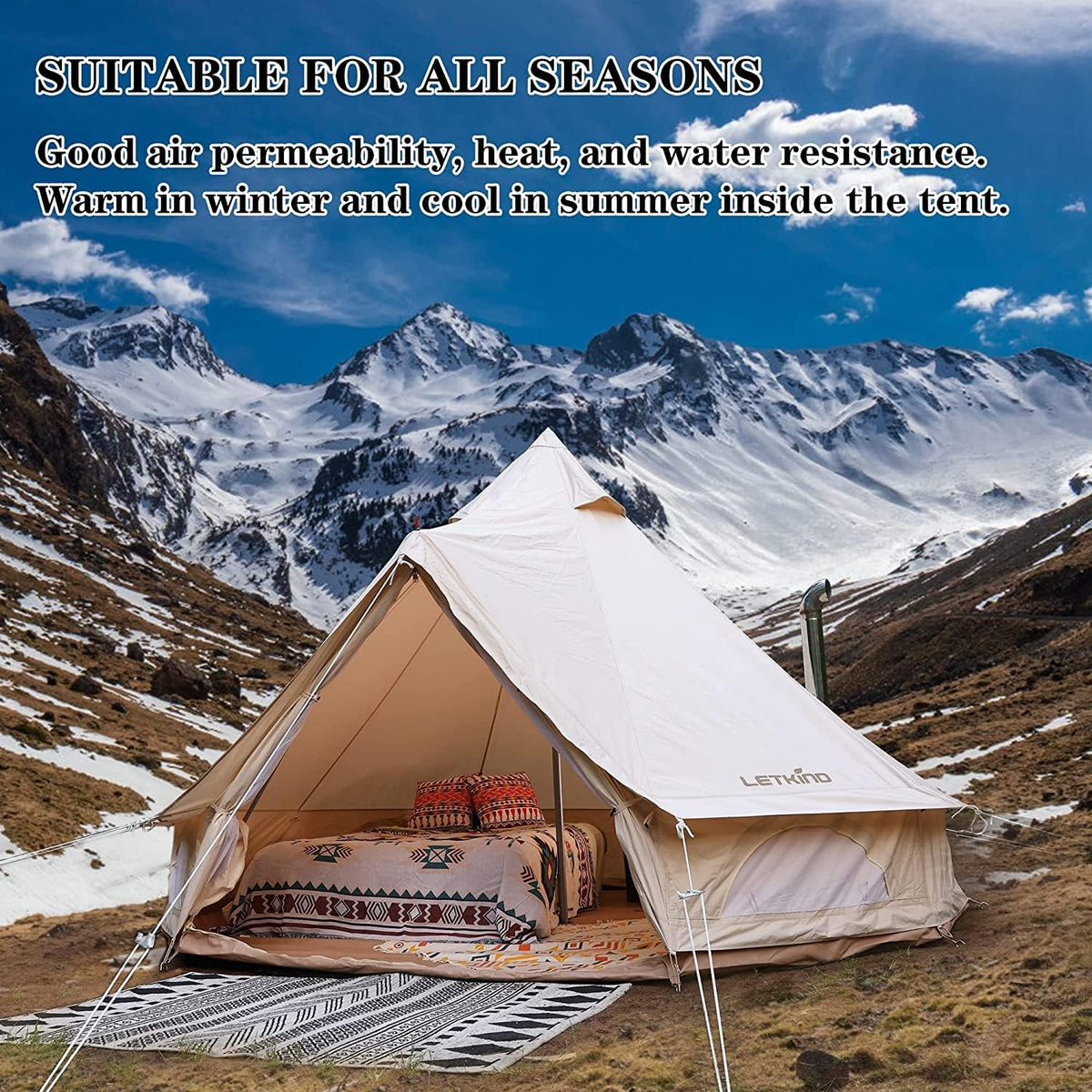 Canvas Bell Tent with Stove Jack, 4 Season Waterproof Cotton Camping Tent M650