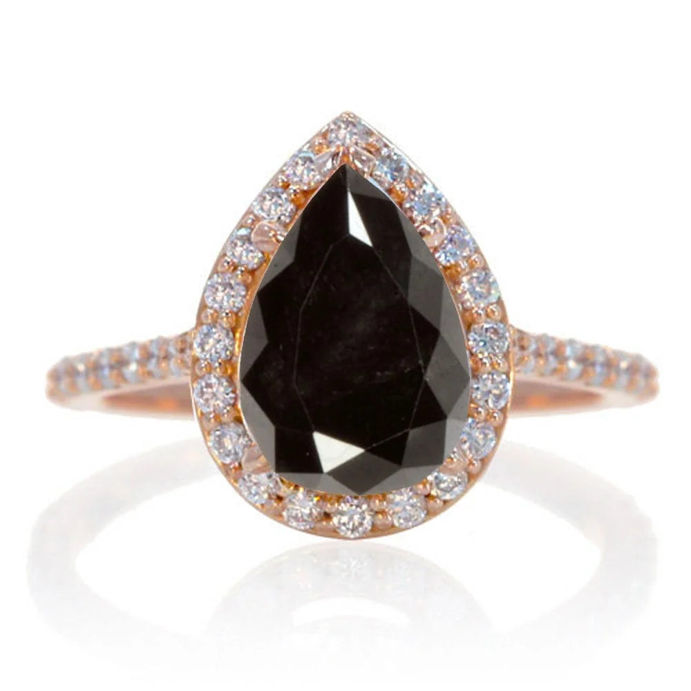 Black Diamond and Diamond Halo Bridal Ring Set on 10k Rose Gold P97403