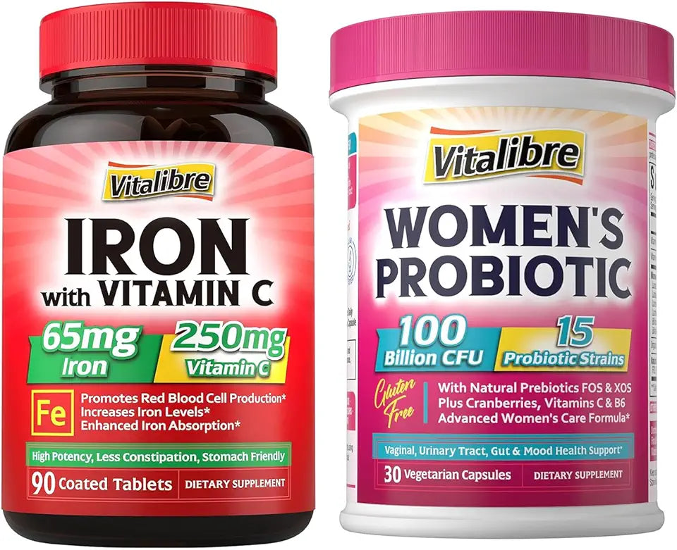 Probiotics for Women 100 Billion CFU 15 Strains & Iron Supplement 65mg with Vitamin C 90 Tablets I77972