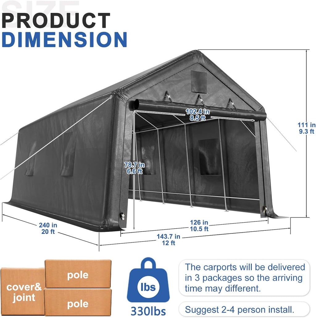 12x20ft All-Steel Metal Frame Carport with Windows R430