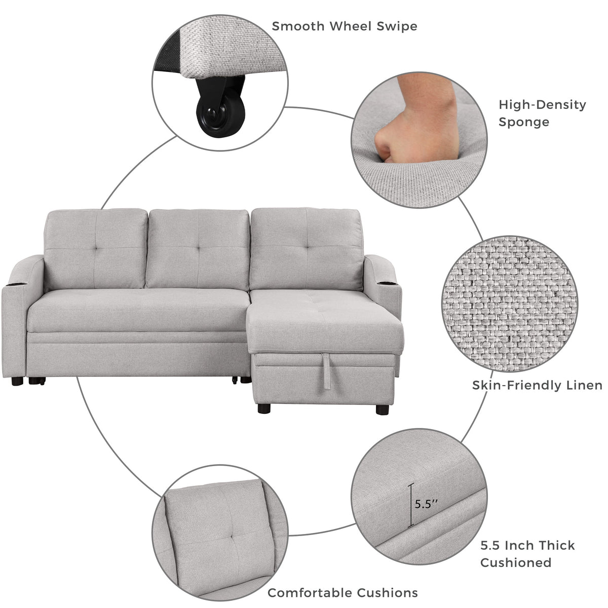 Gray Velvet L-Shape Sectional Sofa with Pull-Out Sleeper S1574