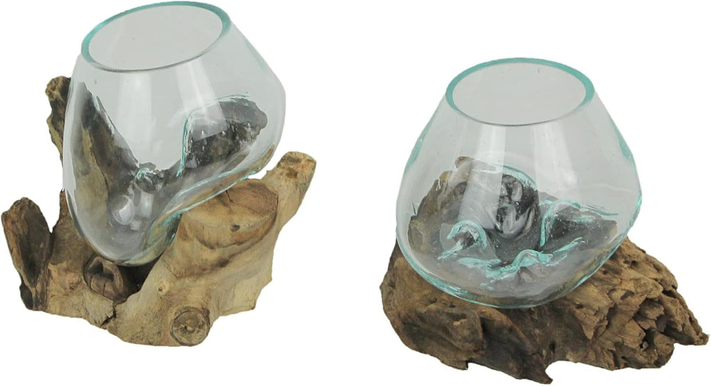 Set of 2 Glass and Teak Driftwood Decorative Bowls A552870