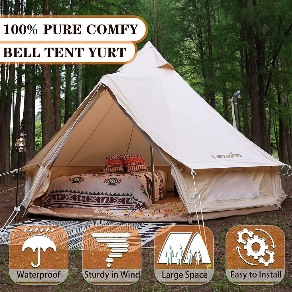 Canvas Bell Tent with Stove Jack, 4 Season Waterproof Cotton Camping Tent M650