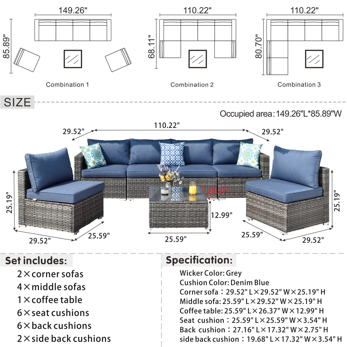 7 Pieces Wicker Outdoor Patio Sectional Couch B556905