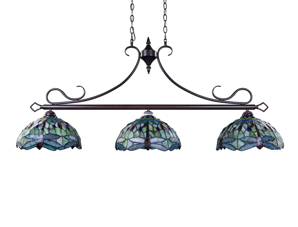 Dragonfly Tiffany-Style Dark Bronze 3 Light Island Pendant 48" Wide X805