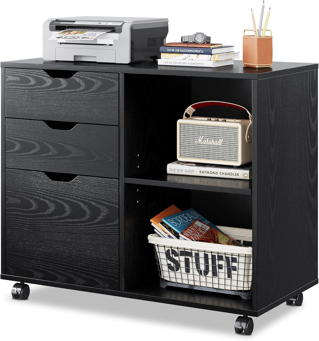 White 3-Drawer Mobile Wood File Cabinet with Open Storage Shelves J5002