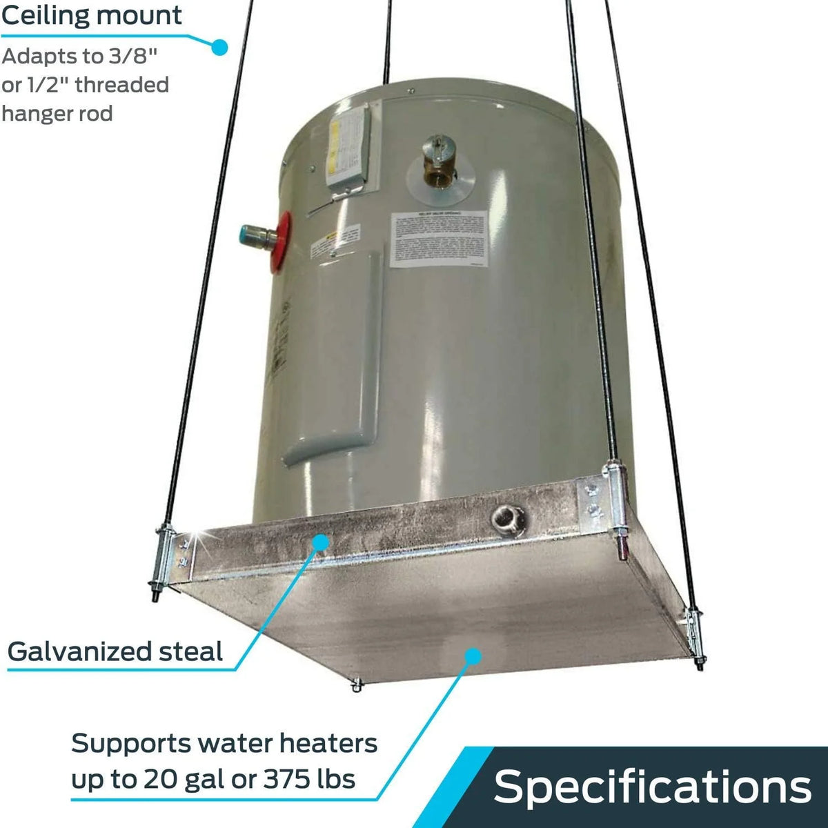 Ceiling Mounted Water Heater Platform with Steel Drain, Up To 20 Gallons L569