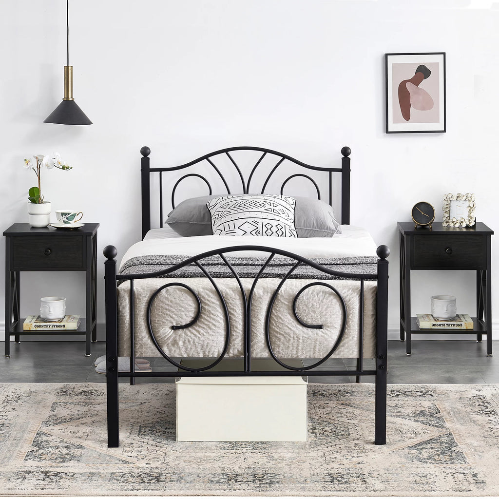 Twin Size Metal Bed Frame and 2 Black Nightstands Y256205