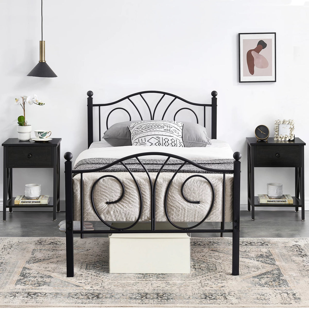 Twin Size Metal Bed Frame and 2 Black Nightstands Y256205