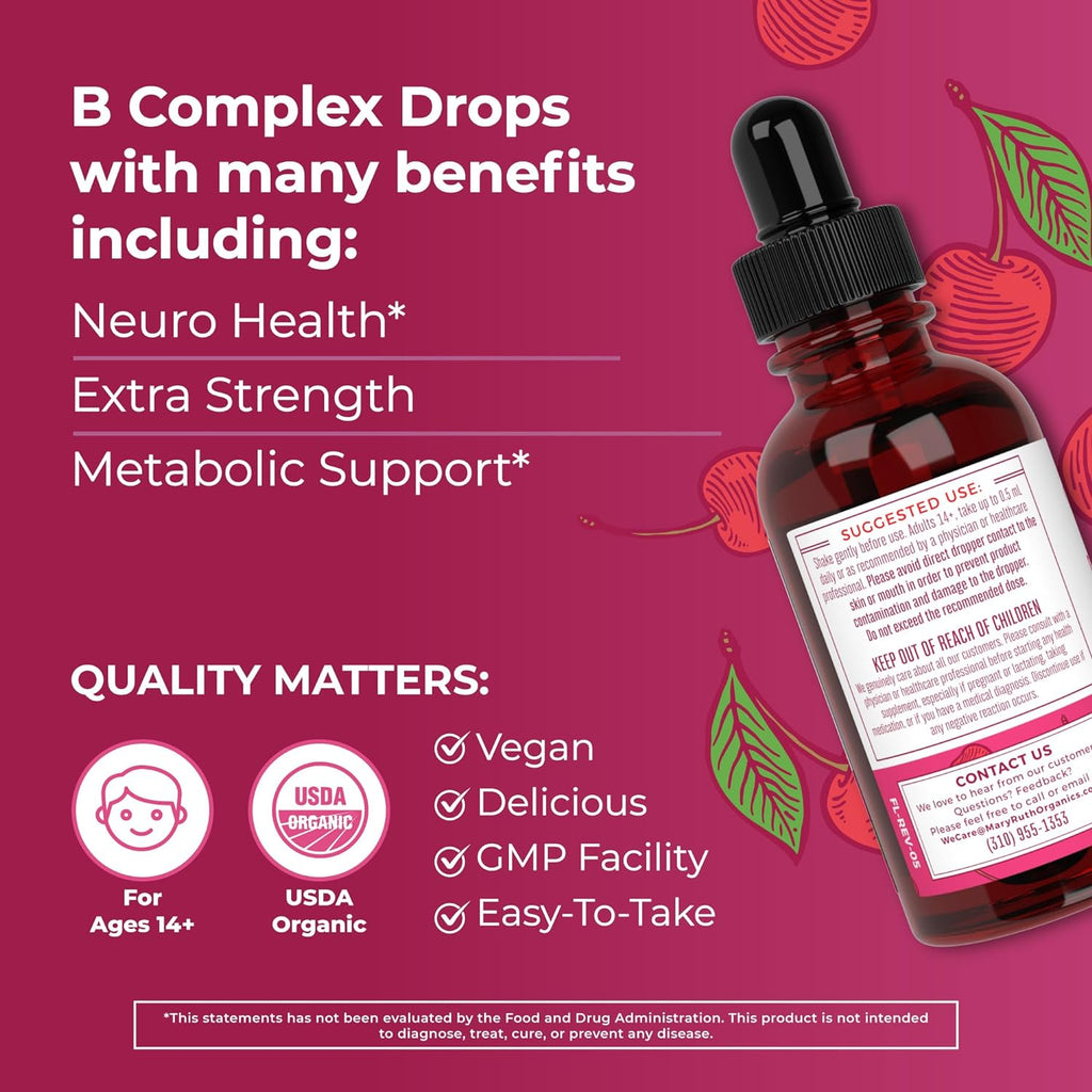 USDA Organic Vegan Vitamin B Complex Liquid Drops, Cherry Flavor, 1 fl oz / 30 ml E110427