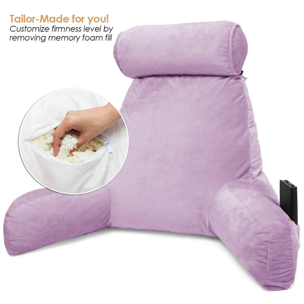 Light Purple Shredded Memory Foam Bed Rest Pillow with Arms and Pockets Q435