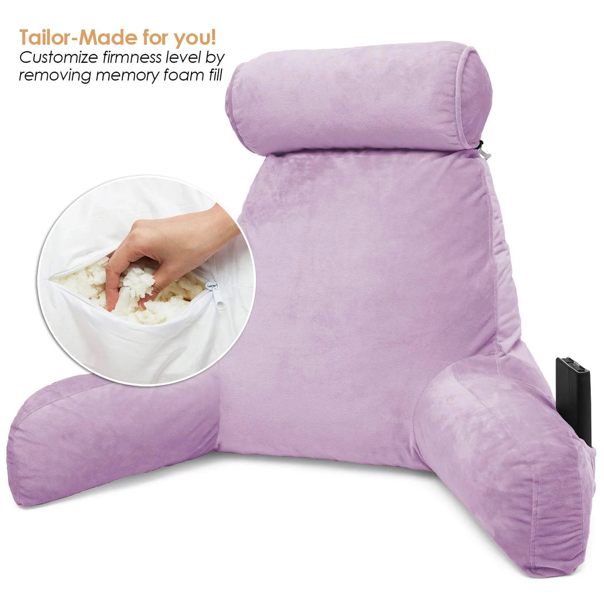Light Purple Shredded Memory Foam Bed Rest Pillow with Arms and Pockets Q435