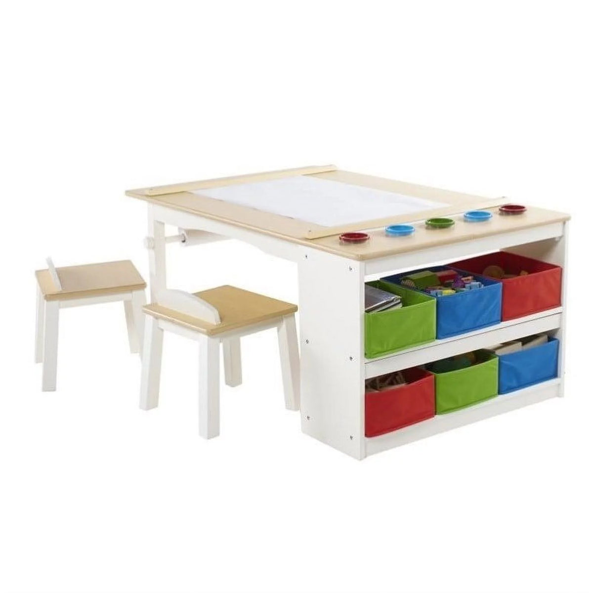 Kids Activity Table and Drawing Desk with Stools, Storage Canvas Bins, Paper Roller, and Paint Cups D49673