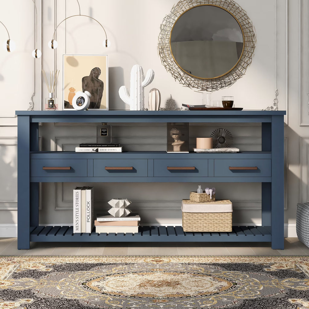 Navy Blue 62.2" Long Console Table with 4 Drawers and 2 Storage Shelves G63569