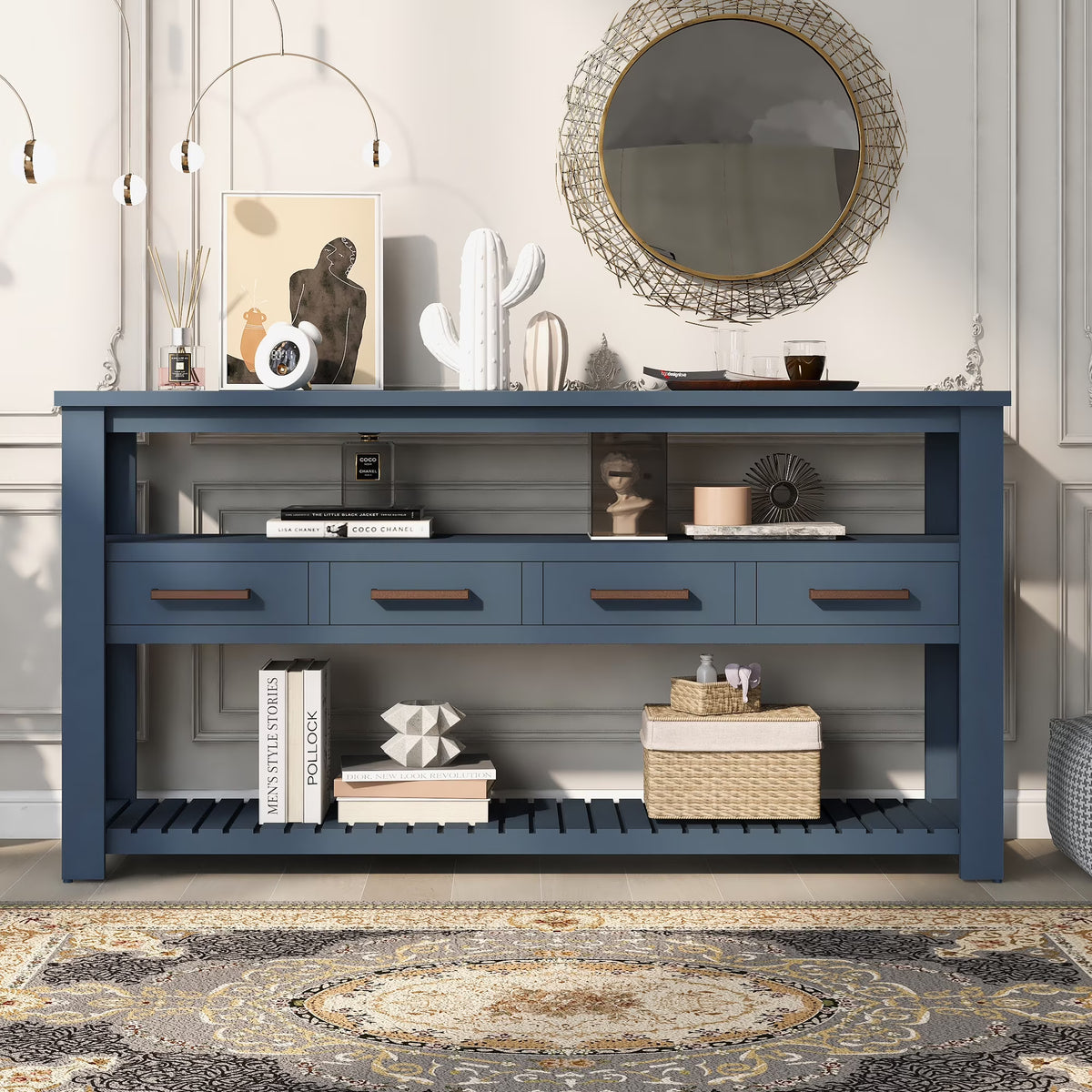 Navy Blue 62.2" Long Console Table with 4 Drawers and 2 Storage Shelves G63569