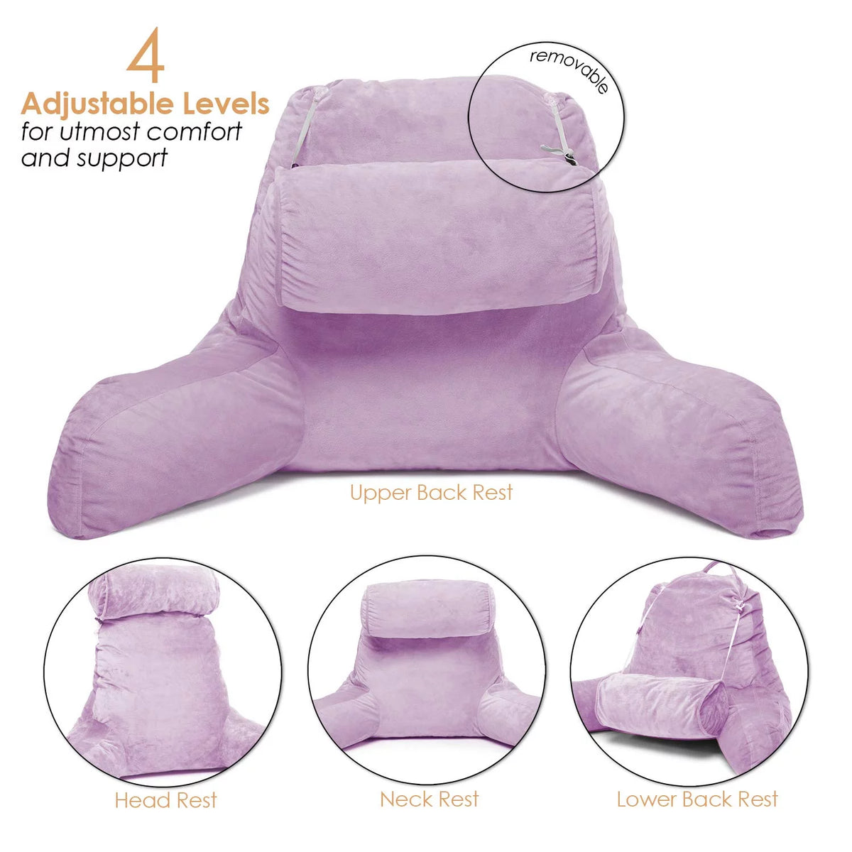 Light Purple Shredded Memory Foam Bed Rest Pillow with Arms and Pockets Q435