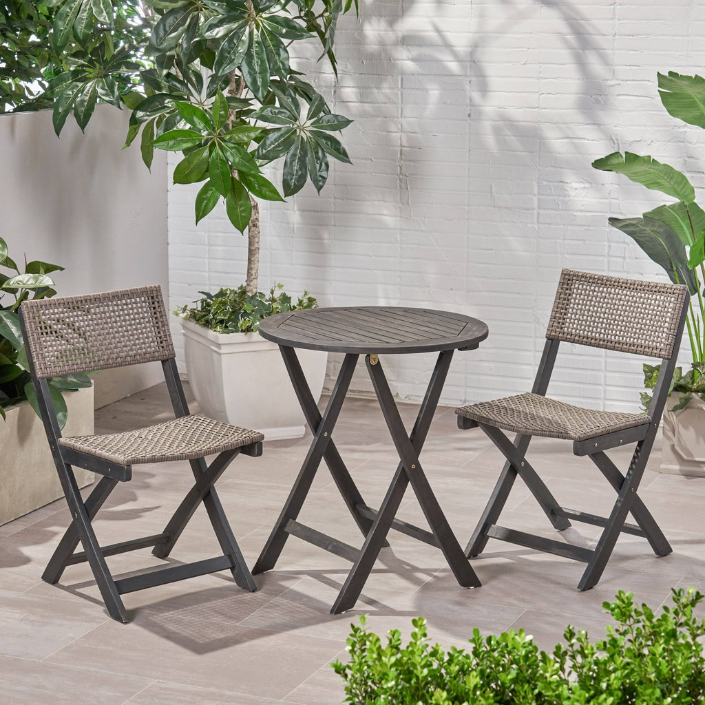 Acacia Wood Wicker Foldable Bistro Set with Chairs and Table Dark Gray I555