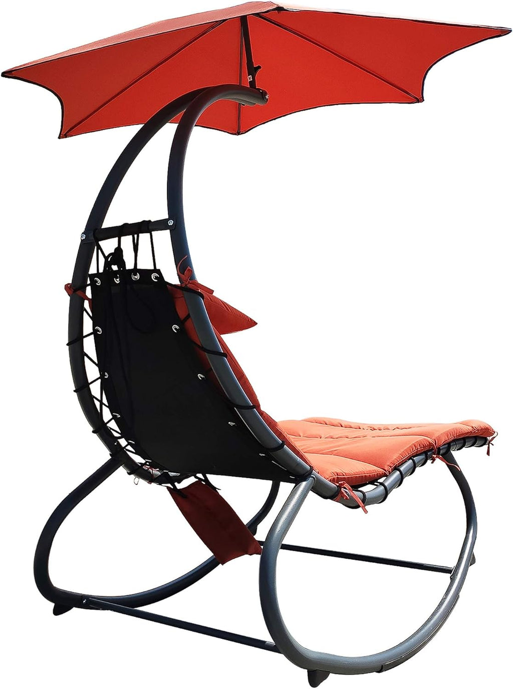 Orange Hanging Chaise Lounge Chair with Cushion, Pillow, Canopy, Stand, Storage Pouch Q87042