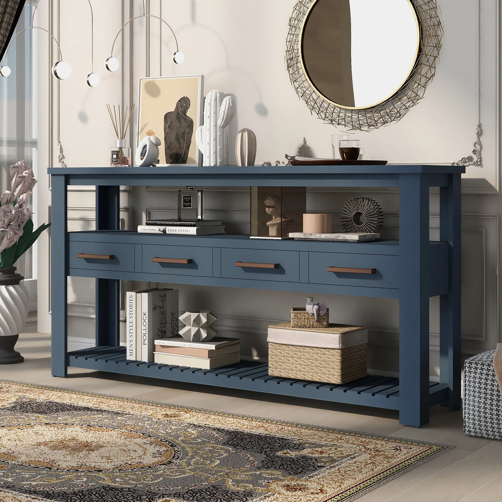 Navy Blue 62.2" Long Console Table with 4 Drawers and 2 Storage Shelves G63569