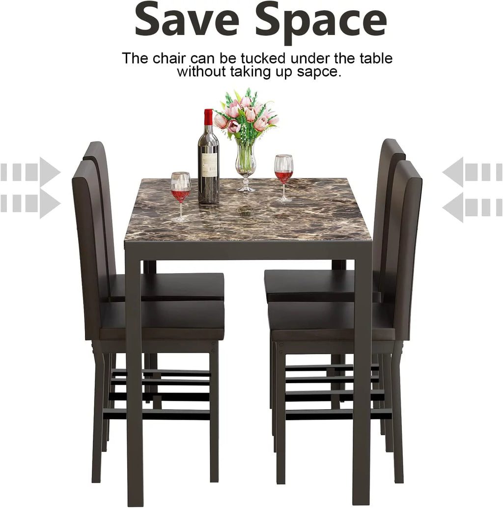 5 Piece Marble Dining Table Set with Faux Leather Metal Frame Chairs W656