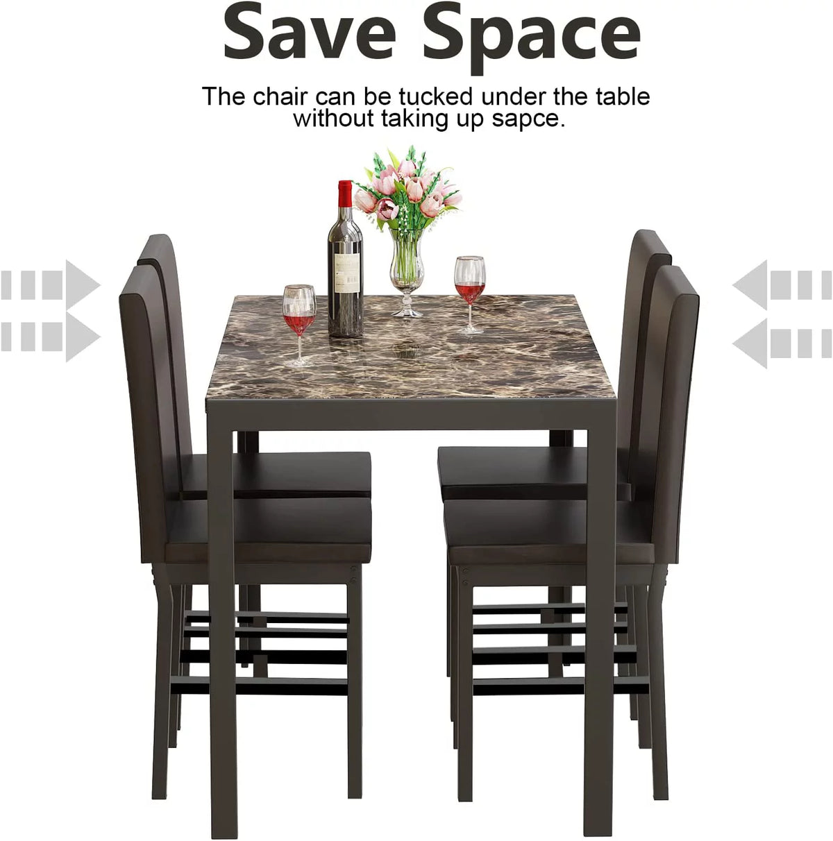 5 Piece Marble Dining Table Set with Faux Leather Metal Frame Chairs W656
