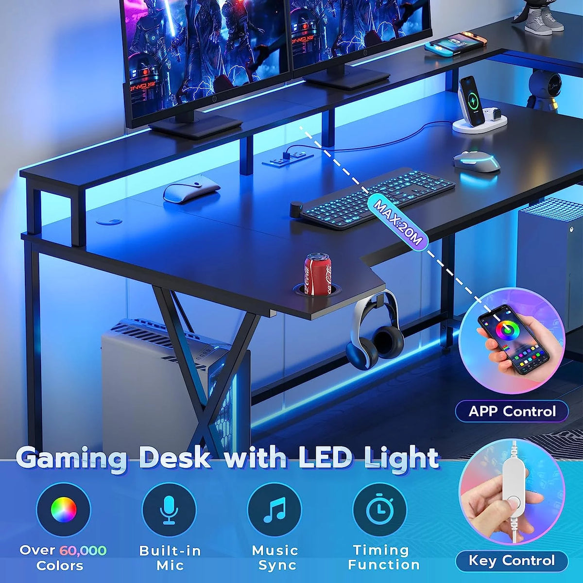 70.8'' Black Computer Desk with LED Lights and Storage Shelves H635681