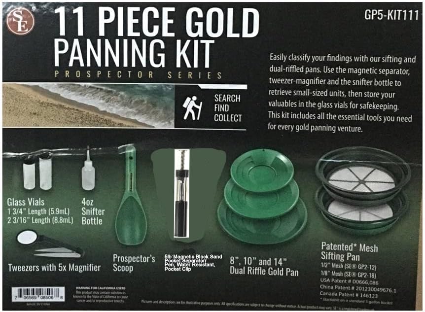 11-Piece Gold Panning Kit with Pans, Sieves, Tweezers, Glass Bottles, Sand Magnet L69047