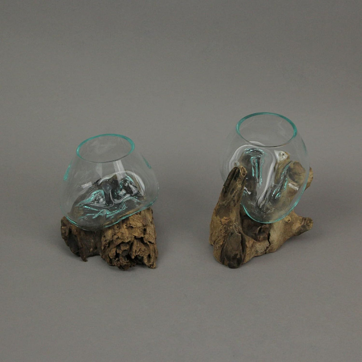 Set of 2 Glass and Teak Driftwood Decorative Bowls A552870