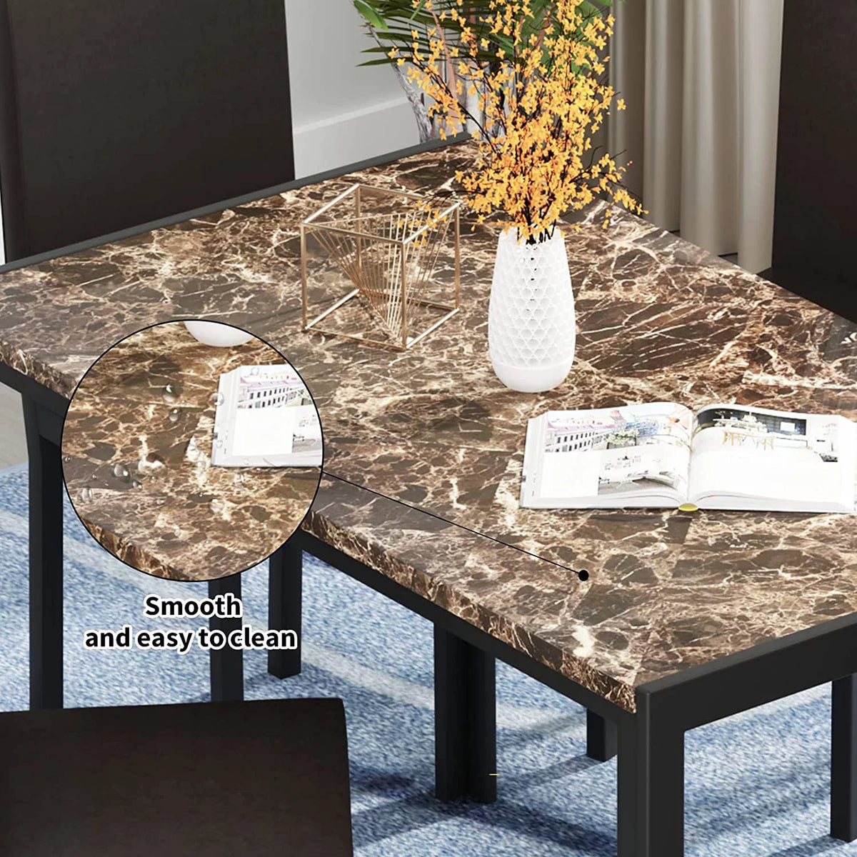 5 Piece Marble Dining Table Set with Faux Leather Metal Frame Chairs W656