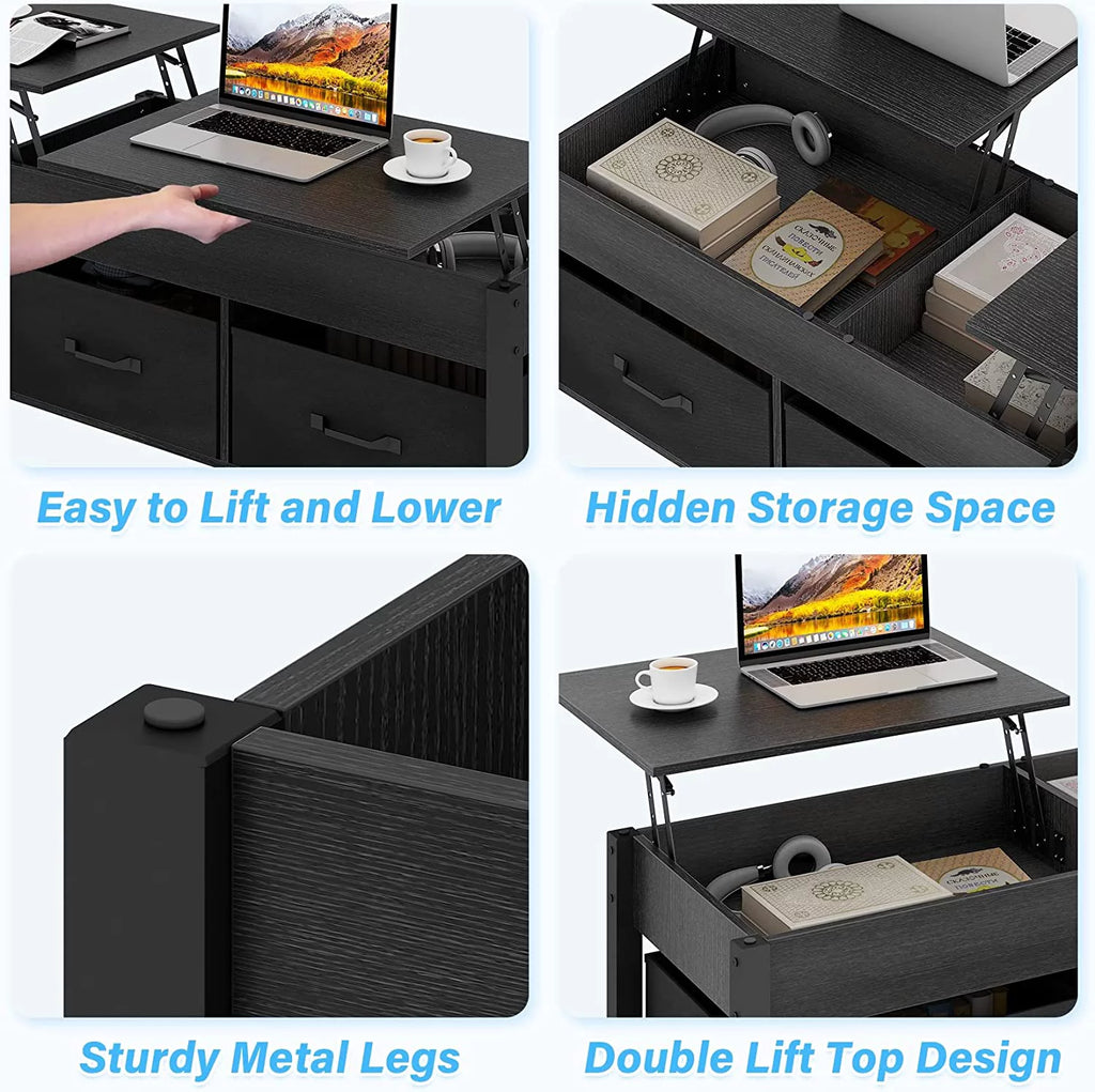 Lift Top Coffee Table with 2 Drawers and Open Side Shelf V278