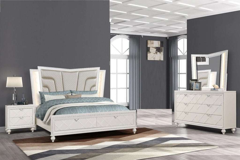 5pc King Size Storage LED Headboard Bed Dresser Mirror Nightstand L54380