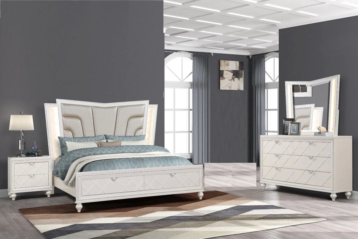 5pc King Size Storage LED Headboard Bed Dresser Mirror Nightstand L54380