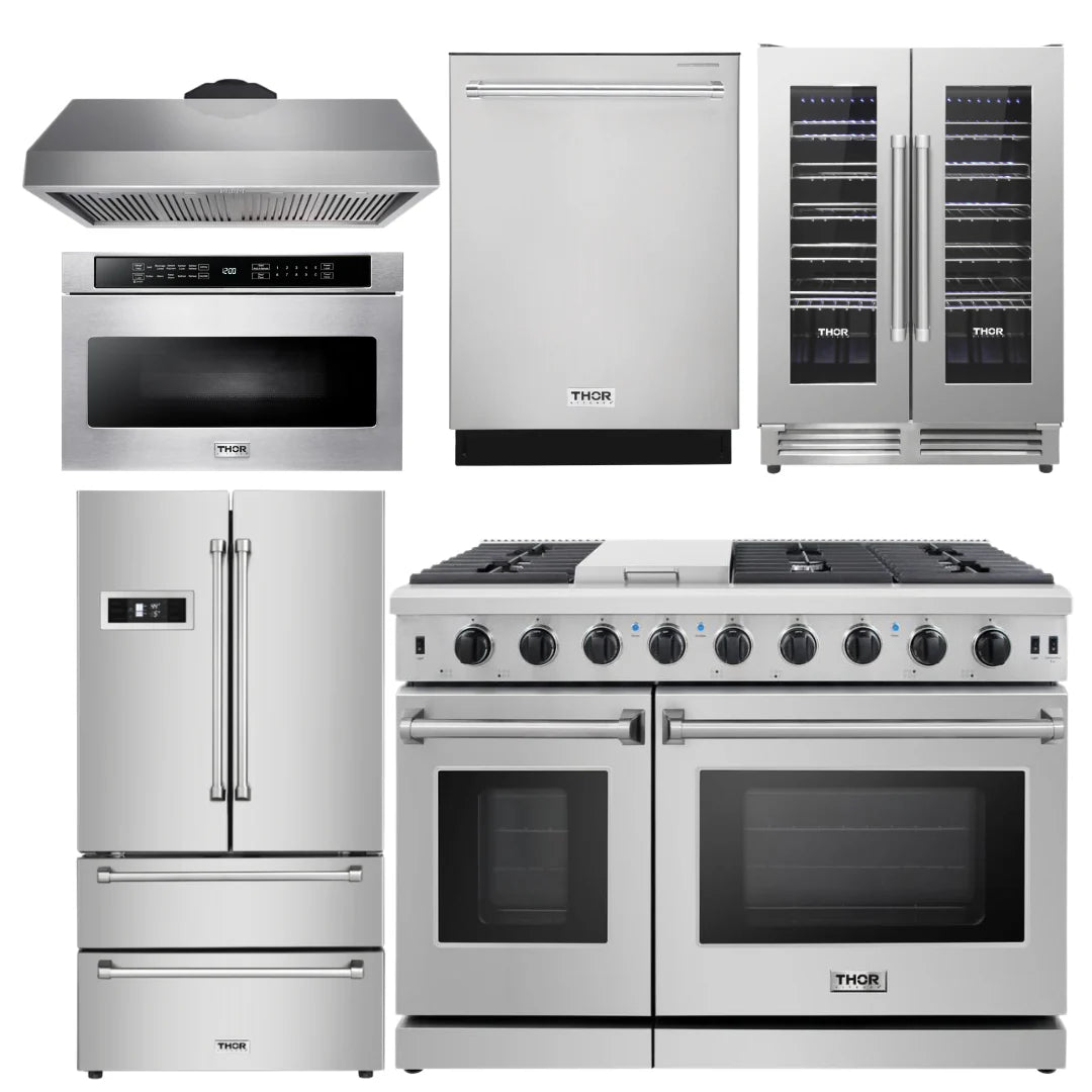 48 in. Propane Gas Range, Range Hood, Refrigerator, Dishwasher, Wine Cooler, Microwave Q355