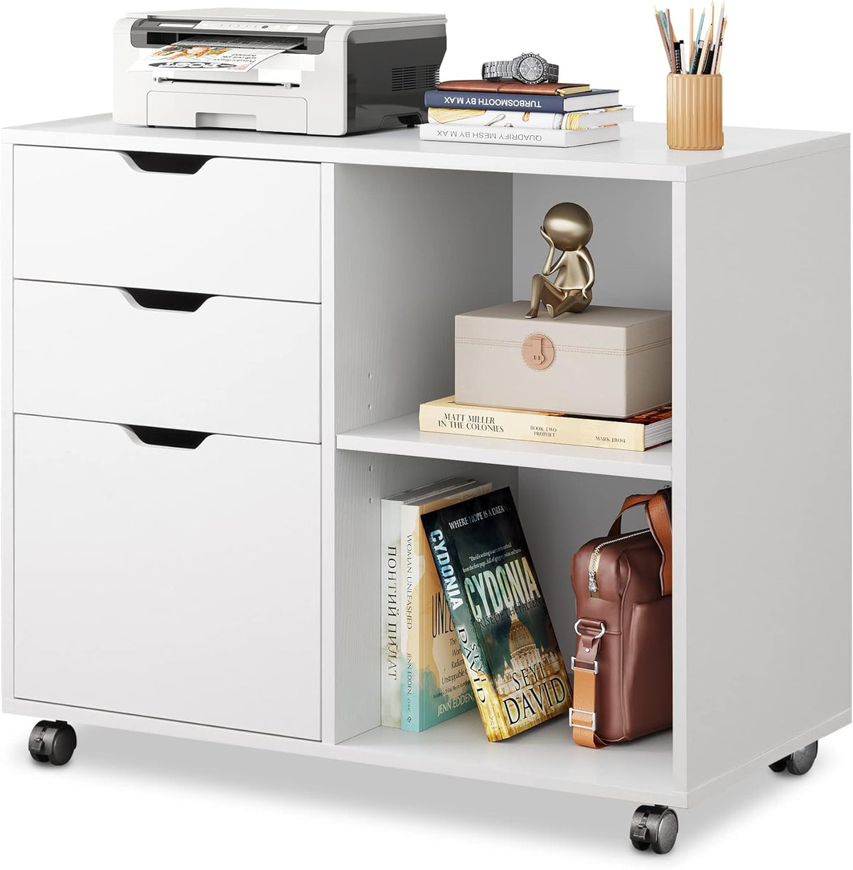 White 3-Drawer Mobile Wood File Cabinet with Open Storage Shelves J5002