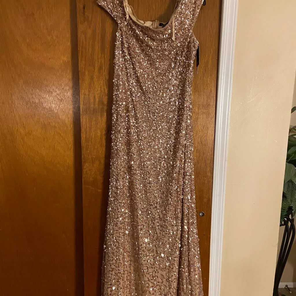 Pink Off The Shoulder Sequin Beaded Gown J125085