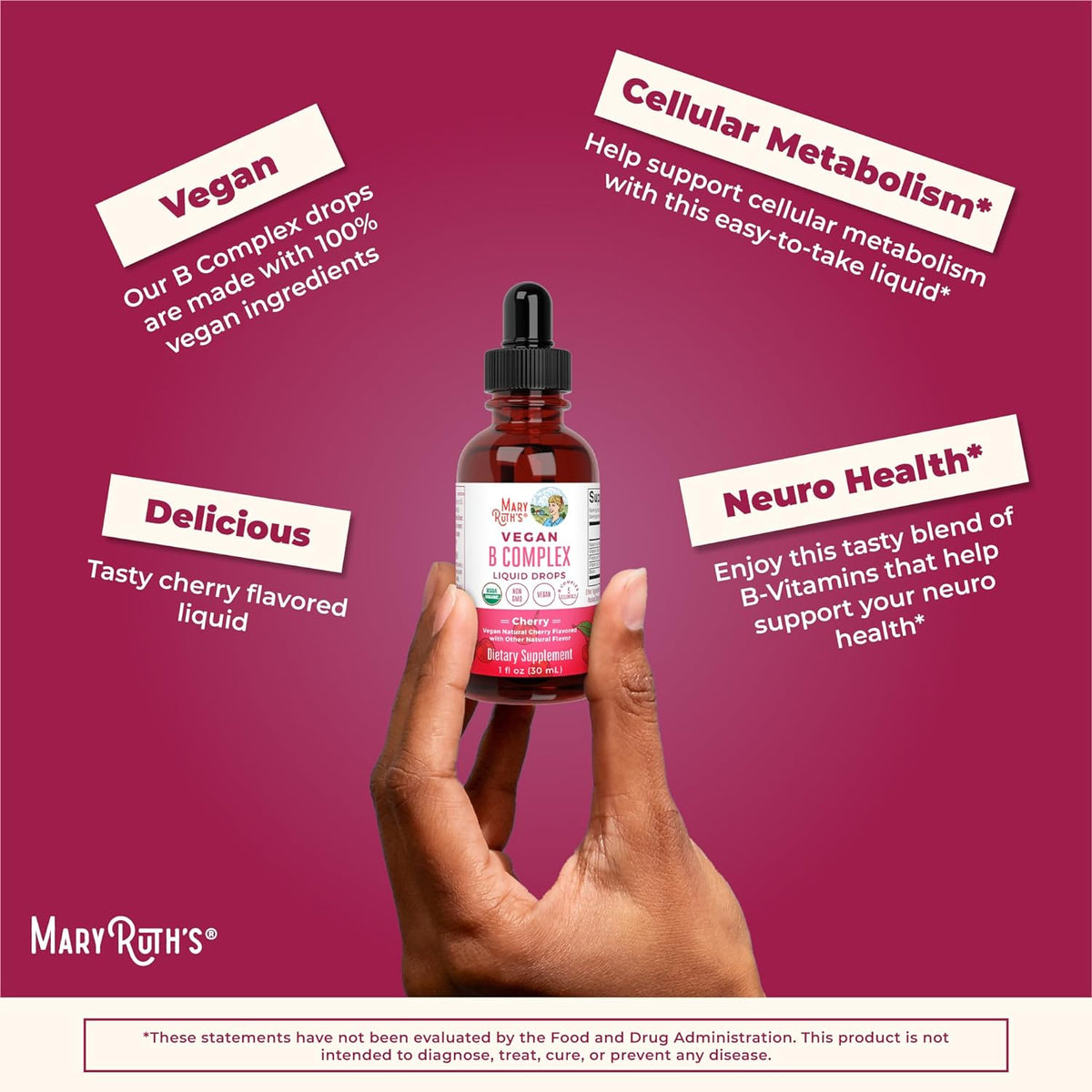 USDA Organic Vegan Vitamin B Complex Liquid Drops, Cherry Flavor, 1 fl oz / 30 ml E110427