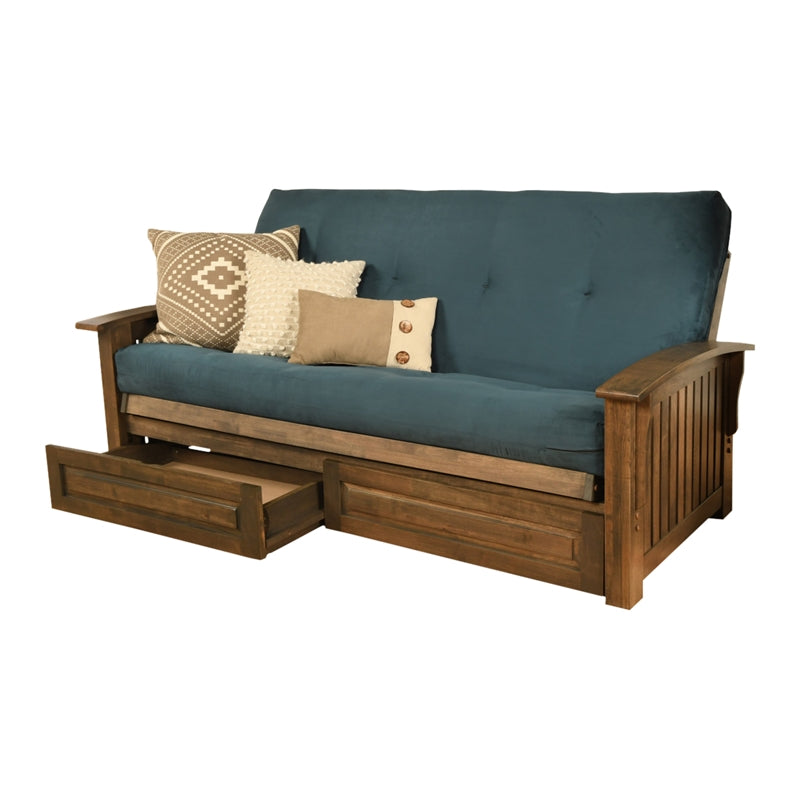 Walnut Futon with Drawers and Suede Blue Mattress C476642