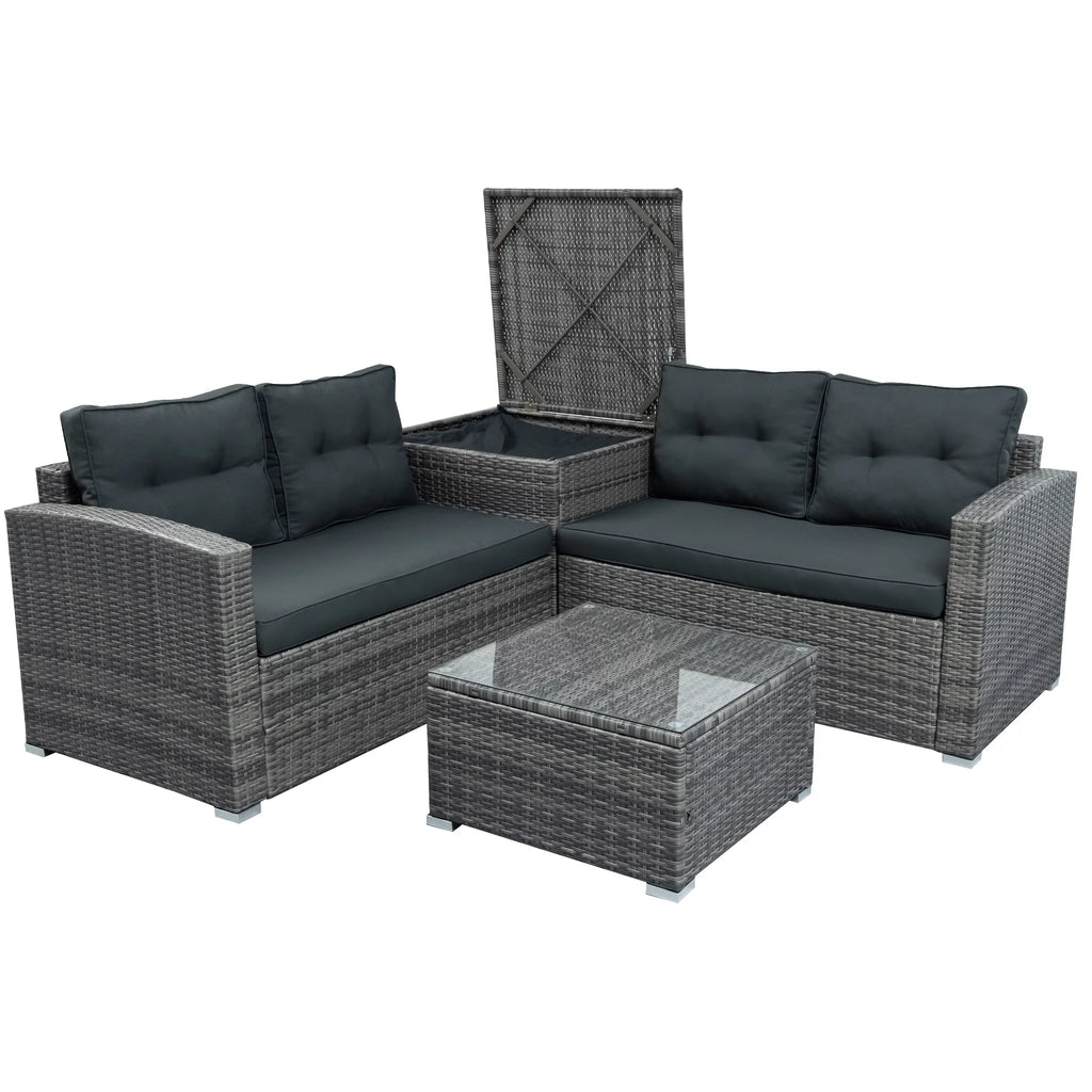 4 Pcs Wicker Patio Conversation Sofa Set with Storage Box & Table W38409