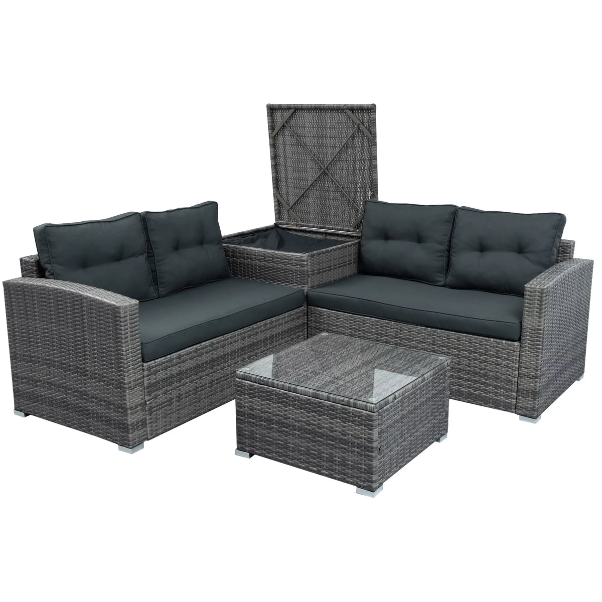 4 Pcs Wicker Patio Conversation Sofa Set with Storage Box & Table W38409
