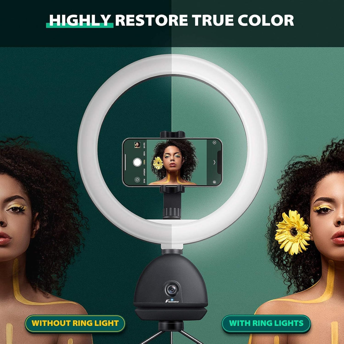 Auto Face Tracking Phone Holder with 10'' Selfie Ring Light and Tripod Stand T810