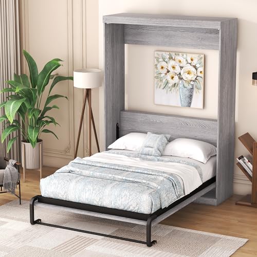 Full Size Grey Murphy Bed with Side Cabinet Storage H85773
