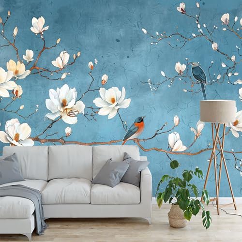 Beige Nordic Flowers Birds Wall Mural Wallpaper H465358