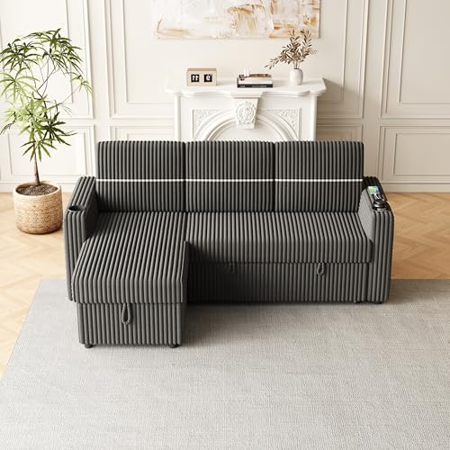 Corduroy Upholstered L-Shaped Sleeper Sectional Sofa Bed with Storage Chaise A41651
