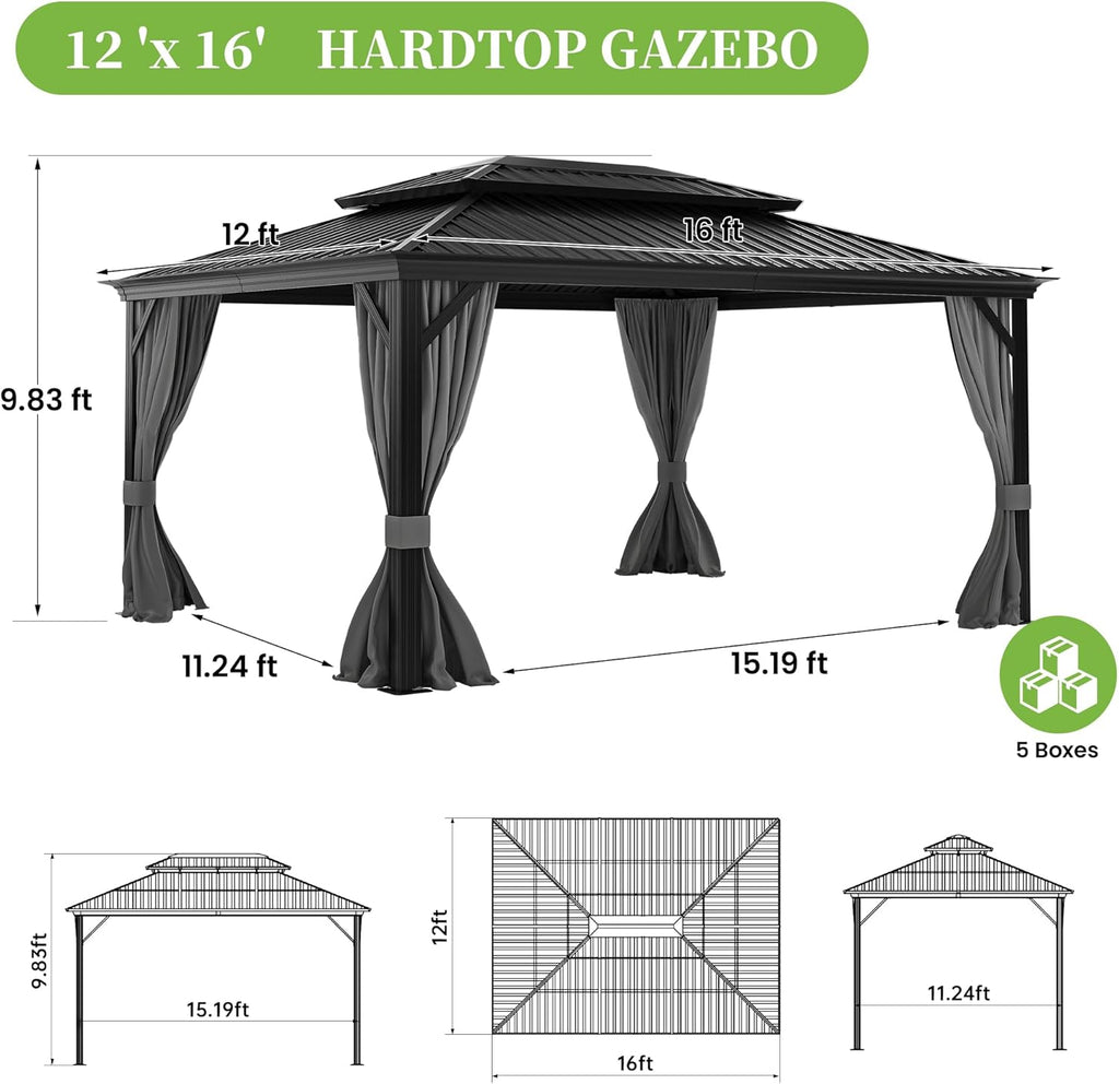 12' x 16' Hardtop Gazebo with Aluminum Frame and Gray Double Galvanized Steel Roof R149099