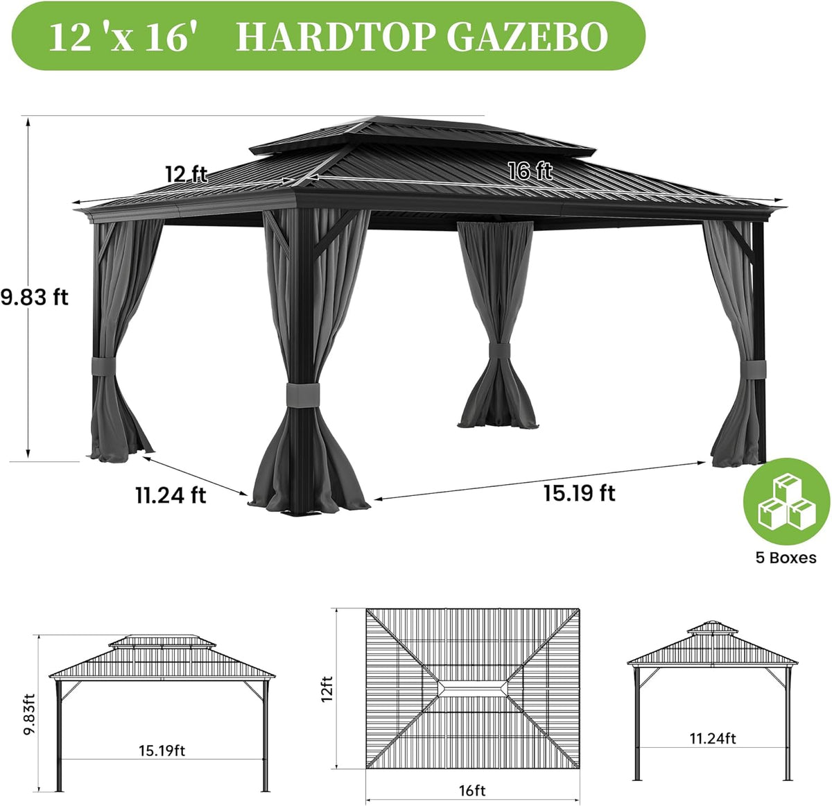 12' x 16' Hardtop Gazebo with Aluminum Frame and Gray Double Galvanized Steel Roof R149099