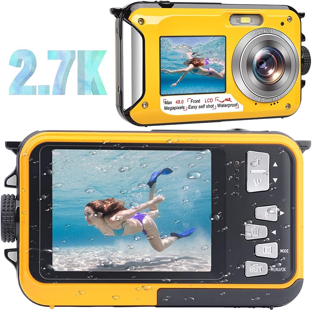 Green 48MP Waterproof Digital Camera 2.7K Video Dual Screen 16X Digital Zoom Flashlight 10 Feet Waterproof Pack of 2 F512265
