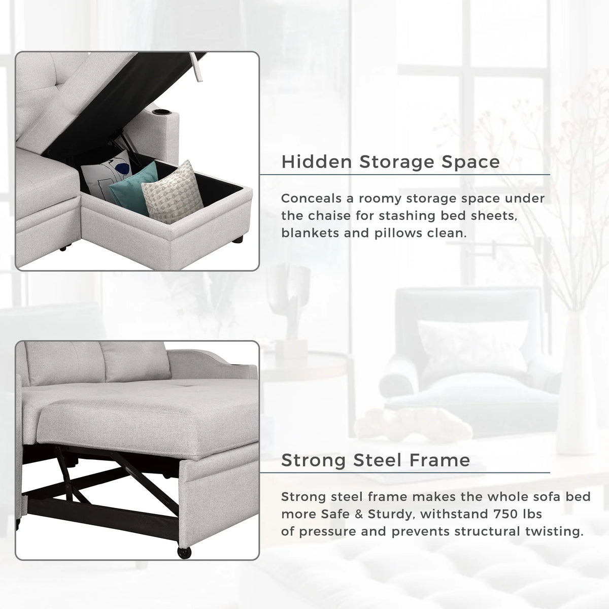 Gray Velvet L-Shape Sectional Sofa with Pull-Out Sleeper S1574