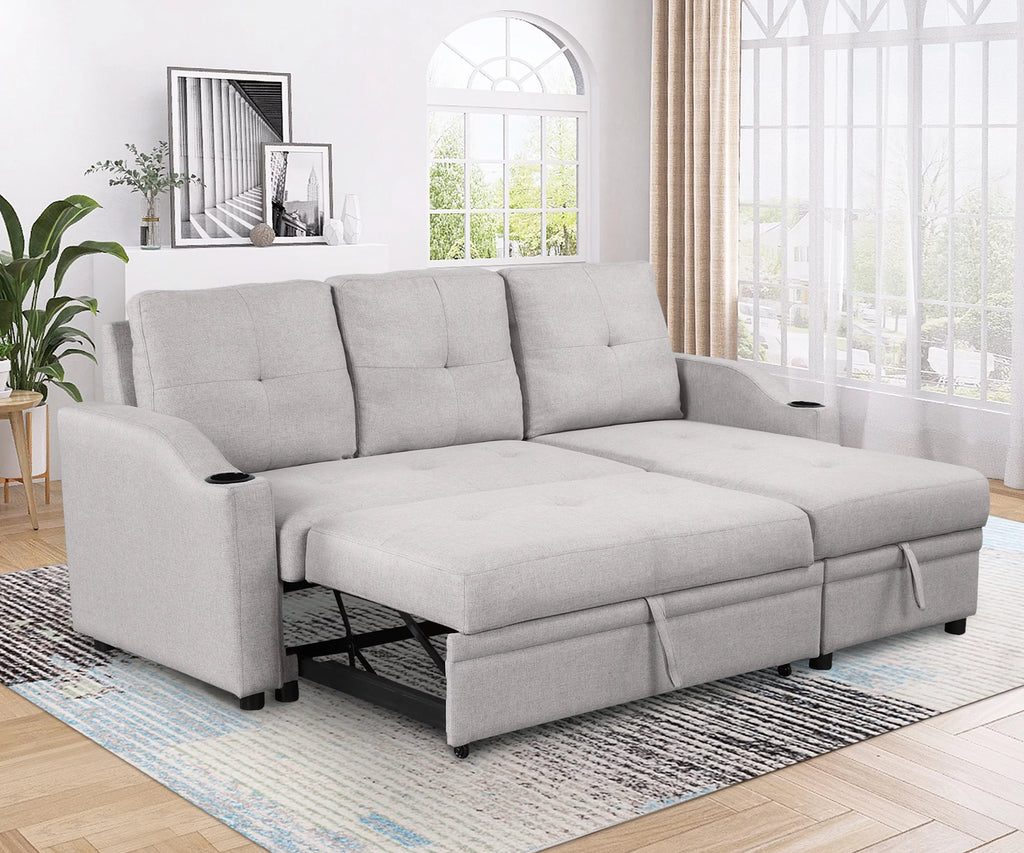 Gray Velvet L-Shape Sectional Sofa with Pull-Out Sleeper S1574