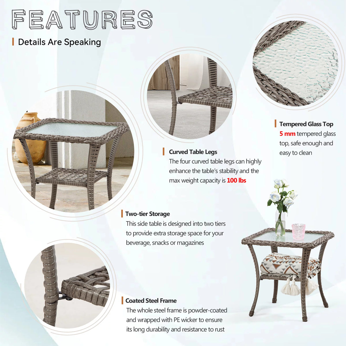 Rattan Wicker Coffee Table Glass Top Steel Frame U577312