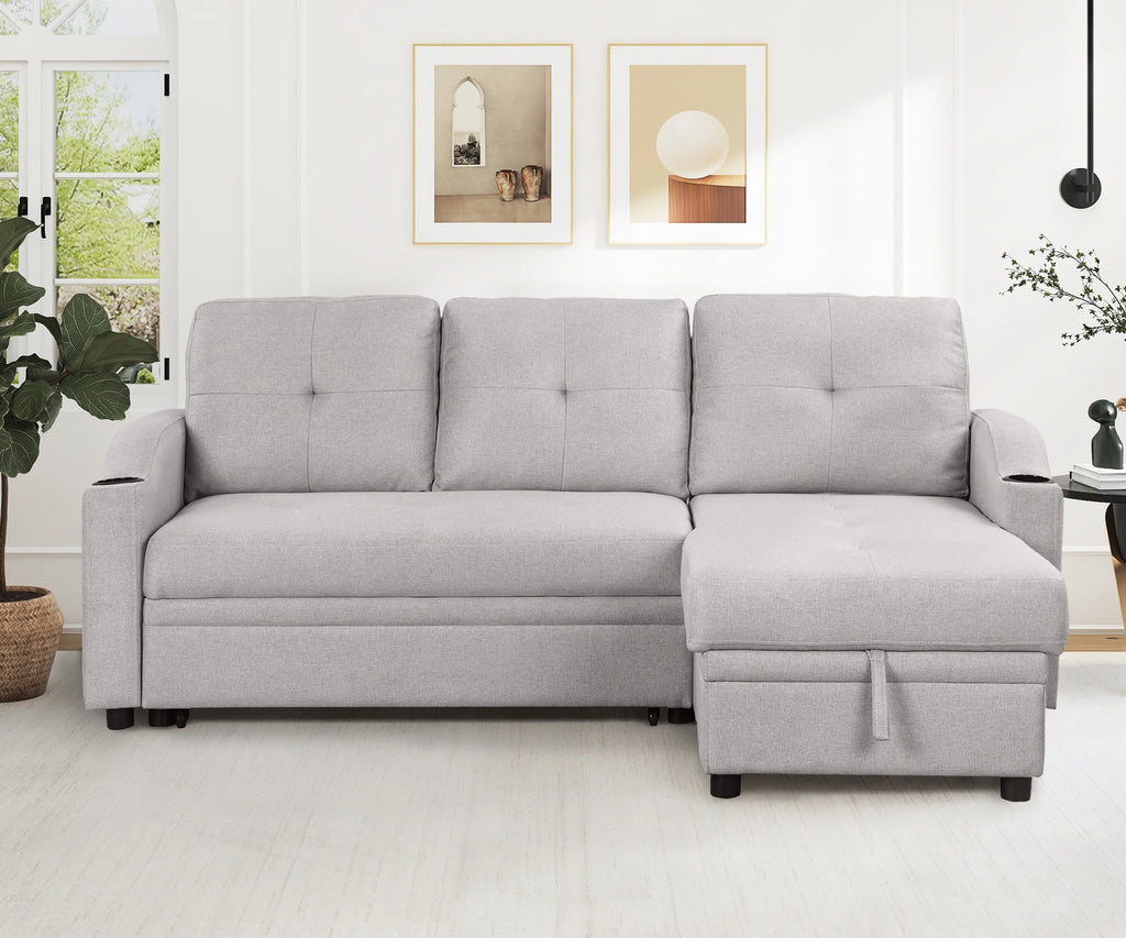 Gray Velvet L-Shape Sectional Sofa with Pull-Out Sleeper S1574